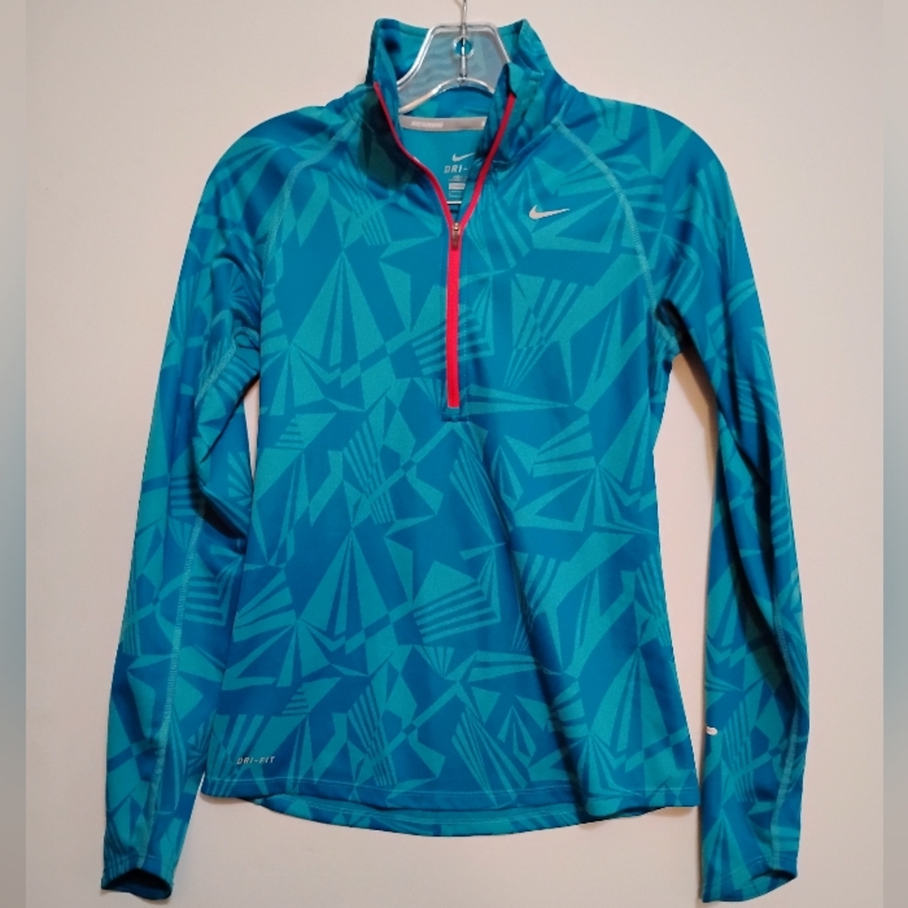 Nike Blue Geometric Pullover Bodysuit 3/4' ZipUp Polyester Dri-Fit Women's S